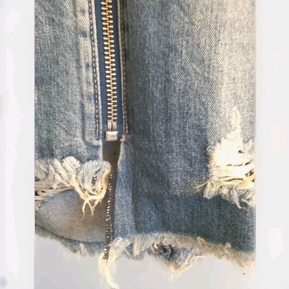 OneTeaspoon Denim Skirt Womens 28 Blue Oxford Distressed Front Zip Raw Hem Nwt - Picture 2 of 8